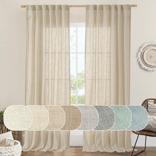 LAMIT Natural Linen Blended Curtains for Living Room, Back Tab and Rod Pocket Semi Sheer Curtains Light Filtering Country Rustic Drapes for Bedroom/Farmhouse, 2 Panels,52 X 108 Inch, Linen  LAMIT Linen 52W X 95L 