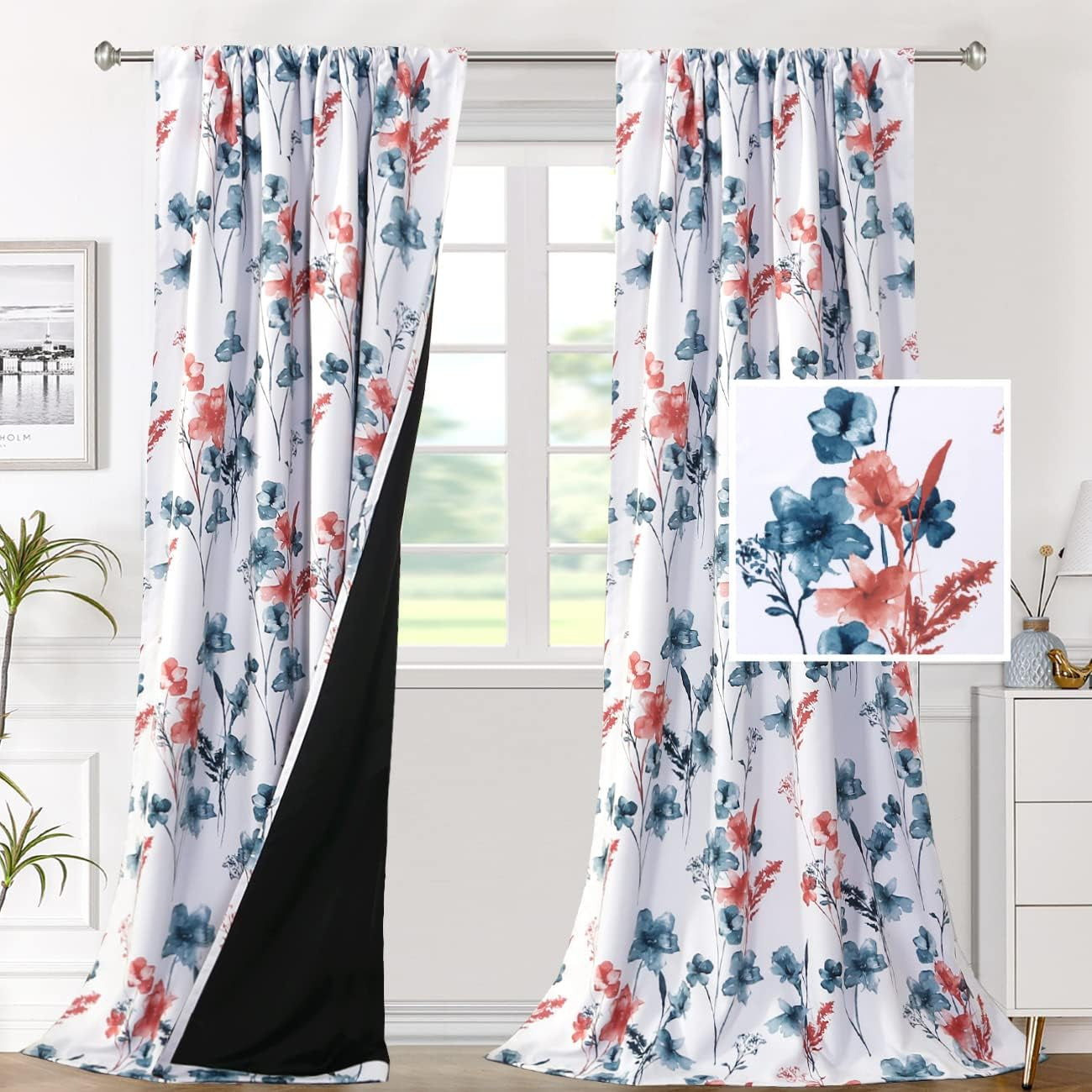 H.VERSAILTEX 100% Blackout Curtains for Bedroom Cattleya Floral Printed Drapes 84 Inches Long Leah Floral Pattern Full Light Blocking Drapes with Black Liner Rod Pocket 2 Panels, Navy/Taupe  H.VERSAILTEX Stone Blue/Coral 52"W X 96"L 