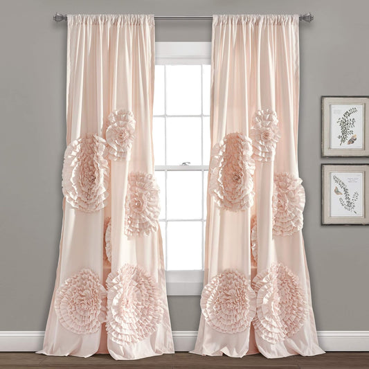 Lush Decor Serena Window Curtain Panel, Single Panel, 54" W X 84" L, Blush - Ruched Ruffled Flower Design - Ruffle Curtains for Bedroom, Living & Dining Room - Vintage Glam & Farmhouse Home Decor  Triangle Home Fashions Blush 54"W X 84"L 