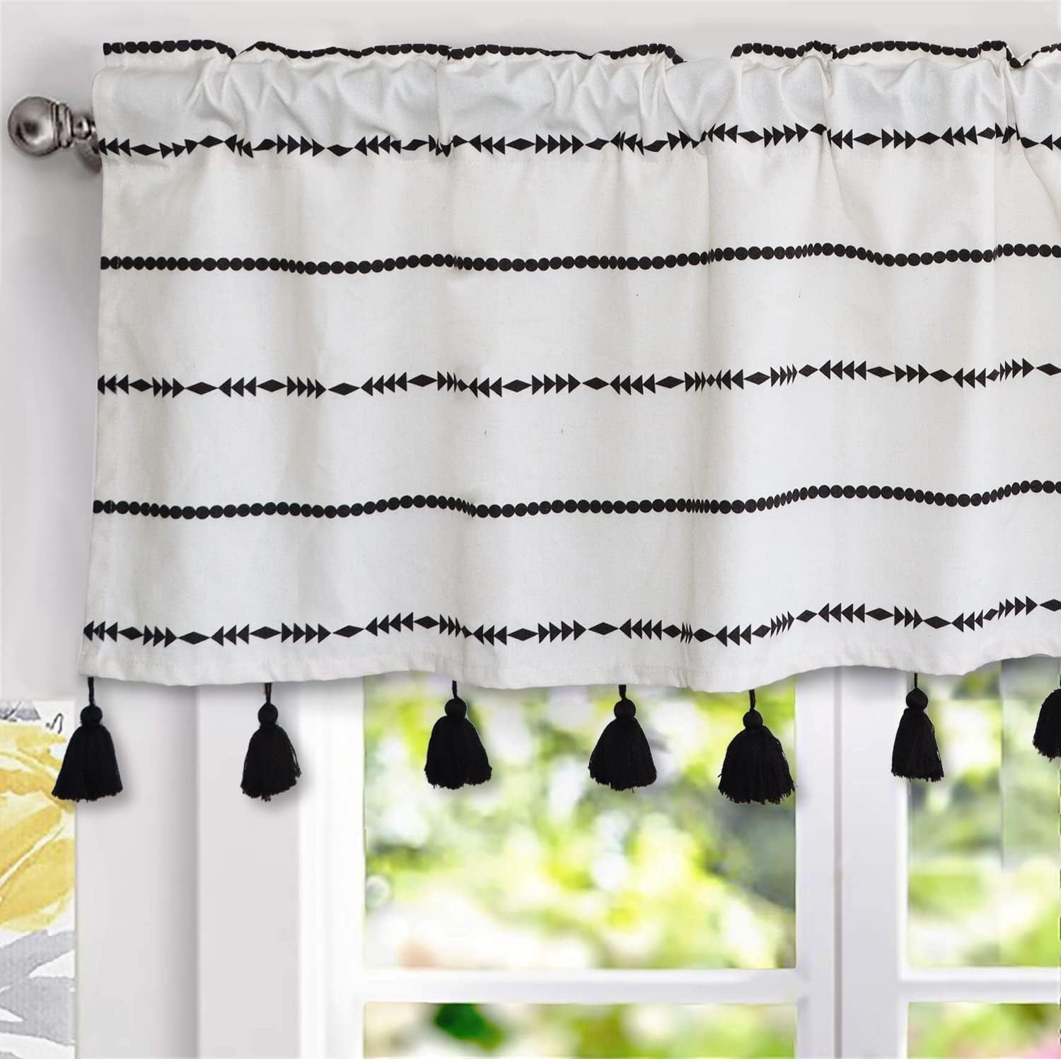 Boho Black and White Striped Tassel Kitchen Valances for Windows, Modern Cotton Linen Farmhouse Rod Pocket Bathroom Curtain Valance Window Treatments for Living Room Bedroom Decor,18’’L X 52’’W