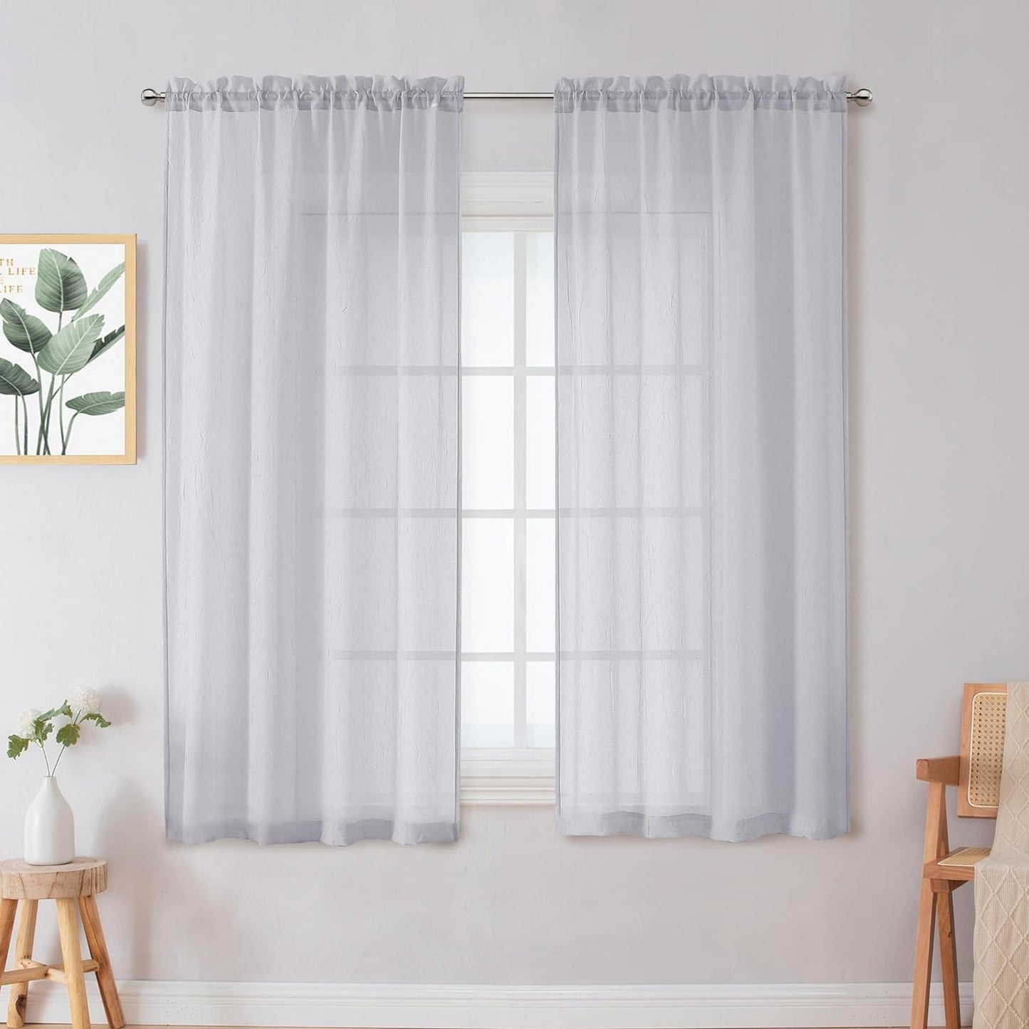 Chyhomenyc Crushed White Sheer Valances for Window 14 Inch Length 2 PCS, Crinkle Voile Short Kitchen Curtains with Dual Rod Pockets，Gauzy Bedroom Curtain Valance，Each 42Wx14L Inches  Chyhomenyc Light Grey 42 W X 63 L 