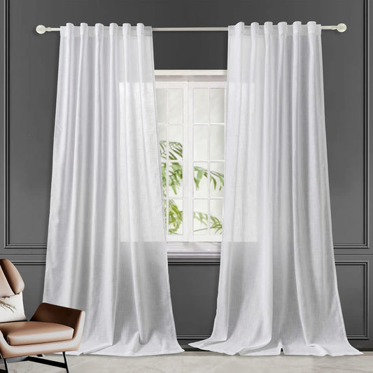 Pure White Linen Curtains 84 Inch Long Back Tab Loop Pocket Drape Cotton Textured Curtains 2 Panels Set Light Filtering Semi Sheer Linen Curtain for Living Room Bedroom Farmhouse 52X84  Hoydumuia Pure White 52"X84" 