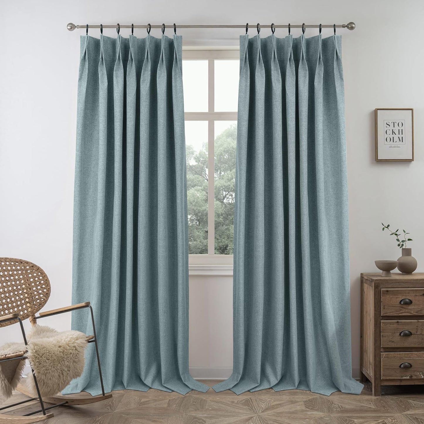 Driftaway 100% Blackout Natural Linen Curtains for Bedroom 96 Inches Long Double Layer Drape Farmhouse Thermal Insulated 3 Inch Rod Pocket Back Tab Full Light Blocking 2 Panels for Living Room Nursery  DriftAway Pinch Pleat Blue 52"X84" 