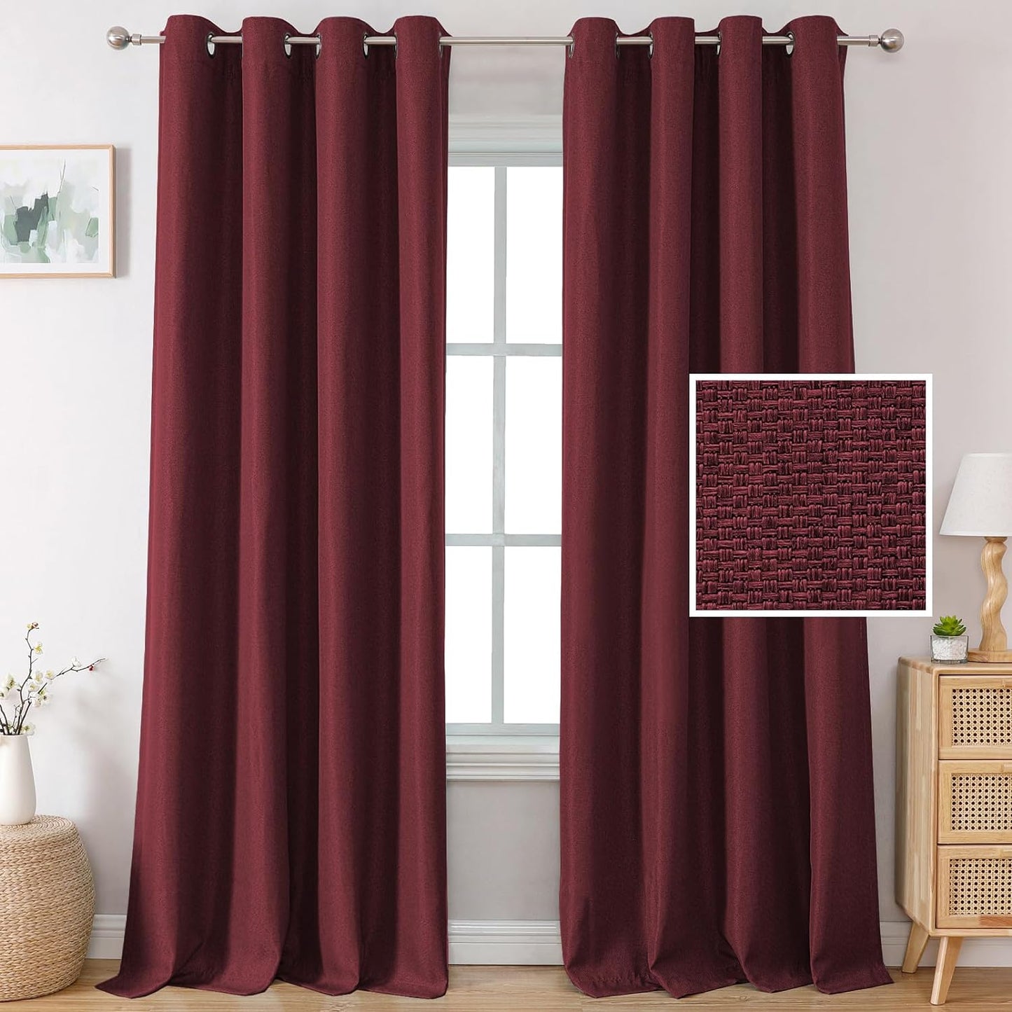 H.VERSAILTEX Linen Blackout Curtains 84 Inches Long Thermal Insulated Room Darkening Linen Curtains for Bedroom Textured Burlap Grommet Window Curtains for Living Room, Bluestone and Taupe, 2 Panels  H.VERSAILTEX Burgundy 52"W X 96"L 
