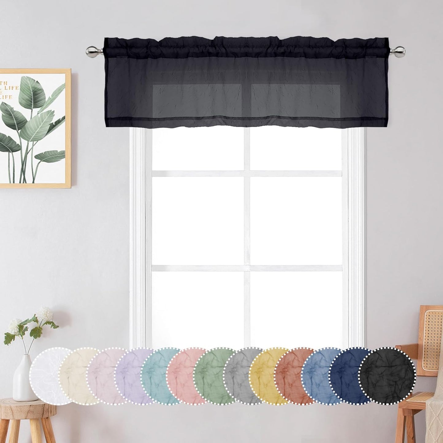 Chyhomenyc Crushed White Sheer Valances for Window 14 Inch Length 2 PCS, Crinkle Voile Short Kitchen Curtains with Dual Rod Pockets，Gauzy Bedroom Curtain Valance，Each 42Wx14L Inches  Chyhomenyc Black 42 W X 14 L 