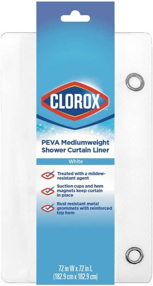 Clorox Treated Premium White Shower Curtain Liner 70"X72" with Weighted Magnetic Hem, Lightweight Waterproof PEVA for Bathroom Tubs and Stalls, Machine Washable