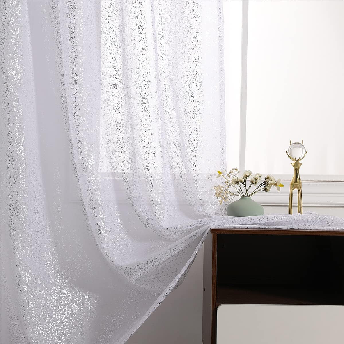 Silver Sheer Curtains 84 Inch Long - Chic Sparkle Curtains for Living Room, Rod Pocket Glitter Sheer Curtains for Windows Privacy Silver Grey Sheer Panels, 52 X 84 Inch, 2 Panels, Silver Gray  TERLYTEX White Silver W52 X L84 Inch|Pair 