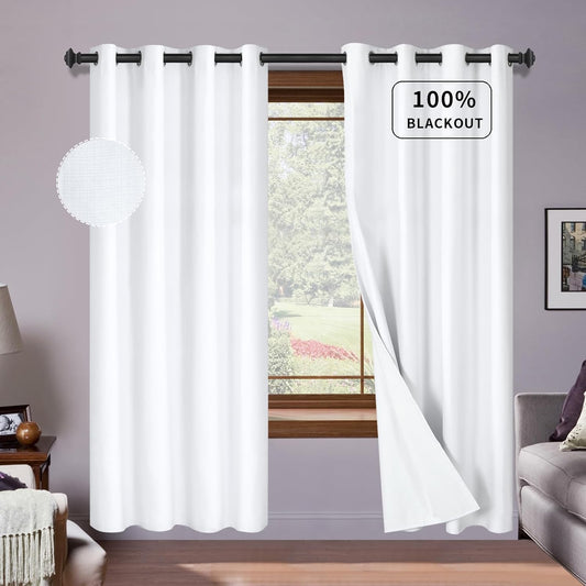 Purefit White Linen Blackout Curtains 84 Inches Long 100% Room Darkening Thermal Insulated Window Curtain Drapes for Bedroom Living Room Nursery with Anti-Rust Grommets & Energy Saving Liner, 2 Panels  PureFit White 52"W X 84"L 