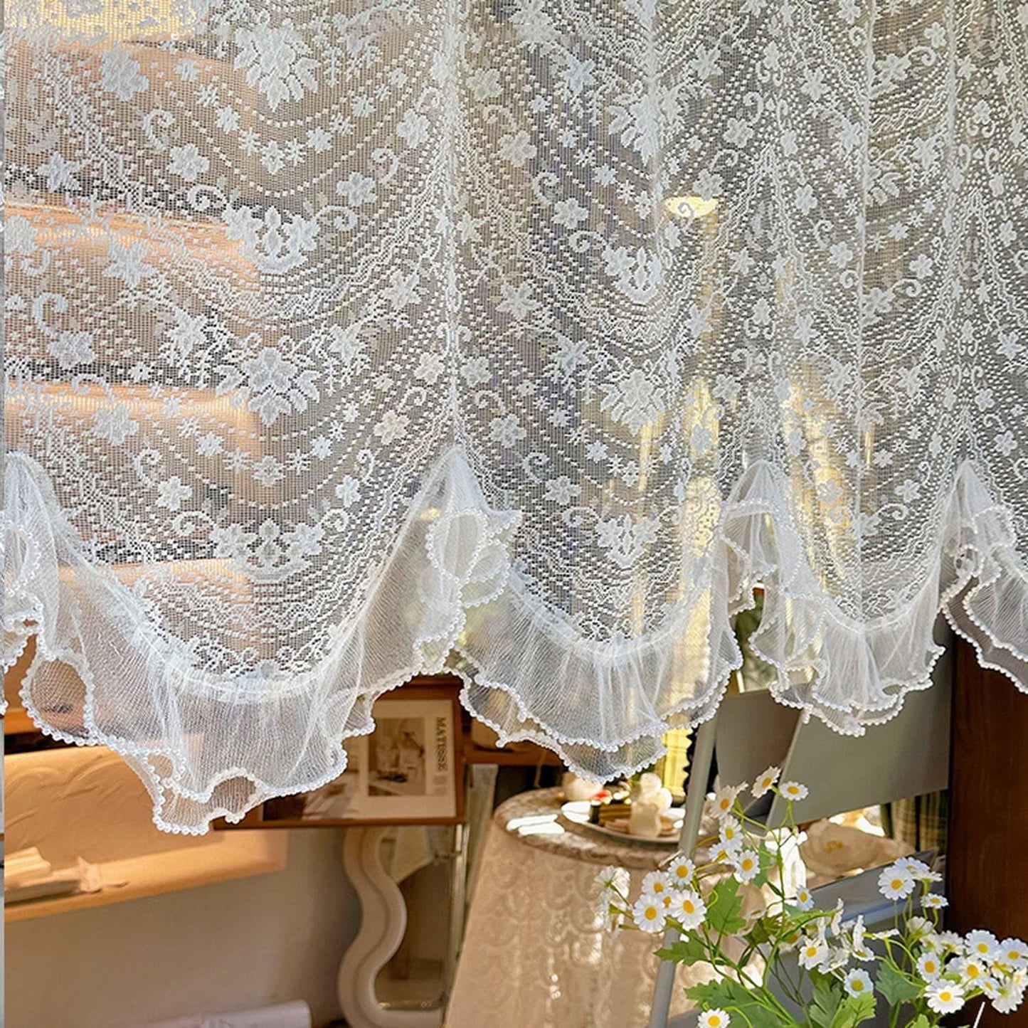 Elegant Ivory Lace Short Curtains Half Curtains with Beads for Kitchen Small Window Ruffled Valance Semi Sheer Tulle Small Curtain Tiers 1 Panel 22 Inch Wide X 24 Inch Long
