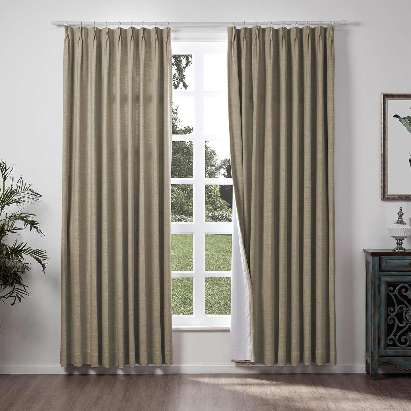 Chadmade 50" W X 63" L Polyester Linen Drape with Blackout Lining Pinch Pleat Curtain for Sliding Door Patio Door Living Room Bedroom, (1 Panel) Sand Beige Tallis Collection  ChadMade Oak (10) 100Wx84L 
