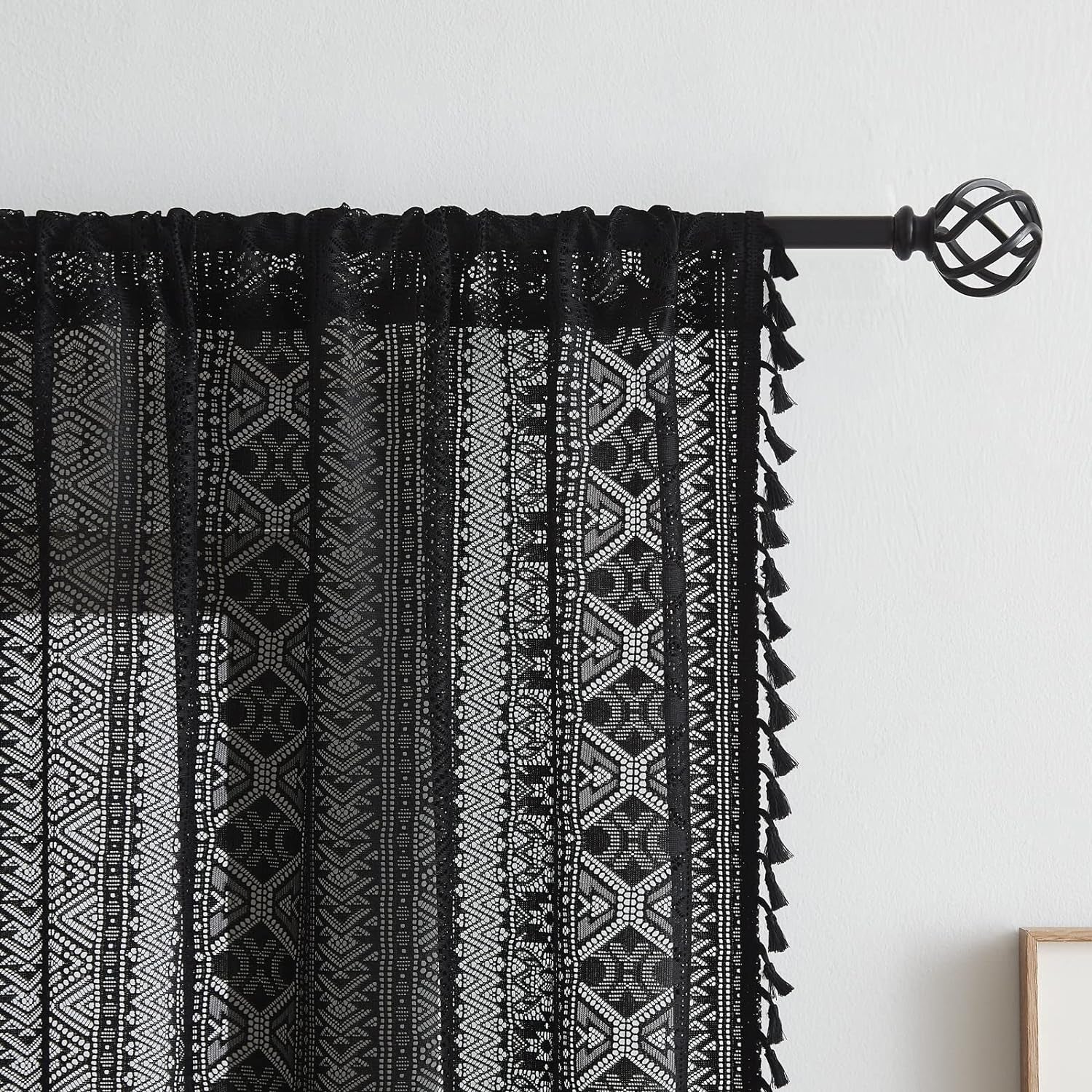 Black Boho Linen Textured Tassel Sheer Lace Curtains, Chic Crochet Geometry Knitting Rod Pocket Window Drapes for Living Room Bedroom, 2 Panels,84" L X 40" W  Ronaldecor   