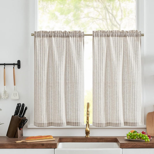 Jinchan Linen Kitchen Curtains Striped Tier Curtains Ticking Stripe Curtains Pinstripe Cafe Curtains 24 Inch Length for Living Room Bathroom Farmhouse Rustic Curtains Rod Pocket 2 Panels Tan  CKNY HOME FASHION Rod Pocket Striped Taupe W26 X L36 