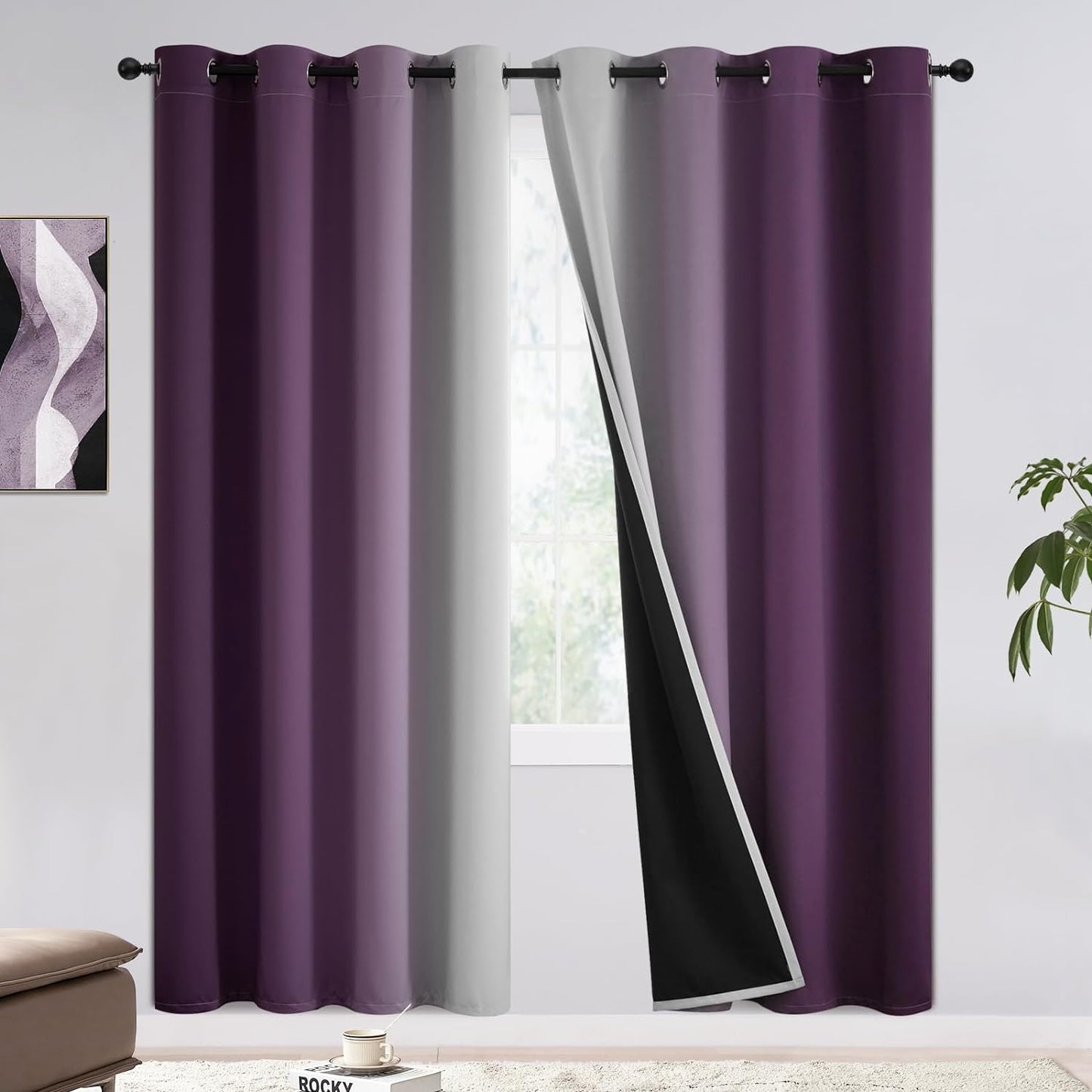 COSVIYA 100% Blackout Curtains & Drapes Ombre Purple Curtains 63 Inch Length 2 Panels,Full Room Darkening Grommet Gradient Insulated Thermal Window Curtains for Bedroom/Living Room,52X63 Inches  COSVIYA Blackout Purple To Grayish White 52W X 72L 
