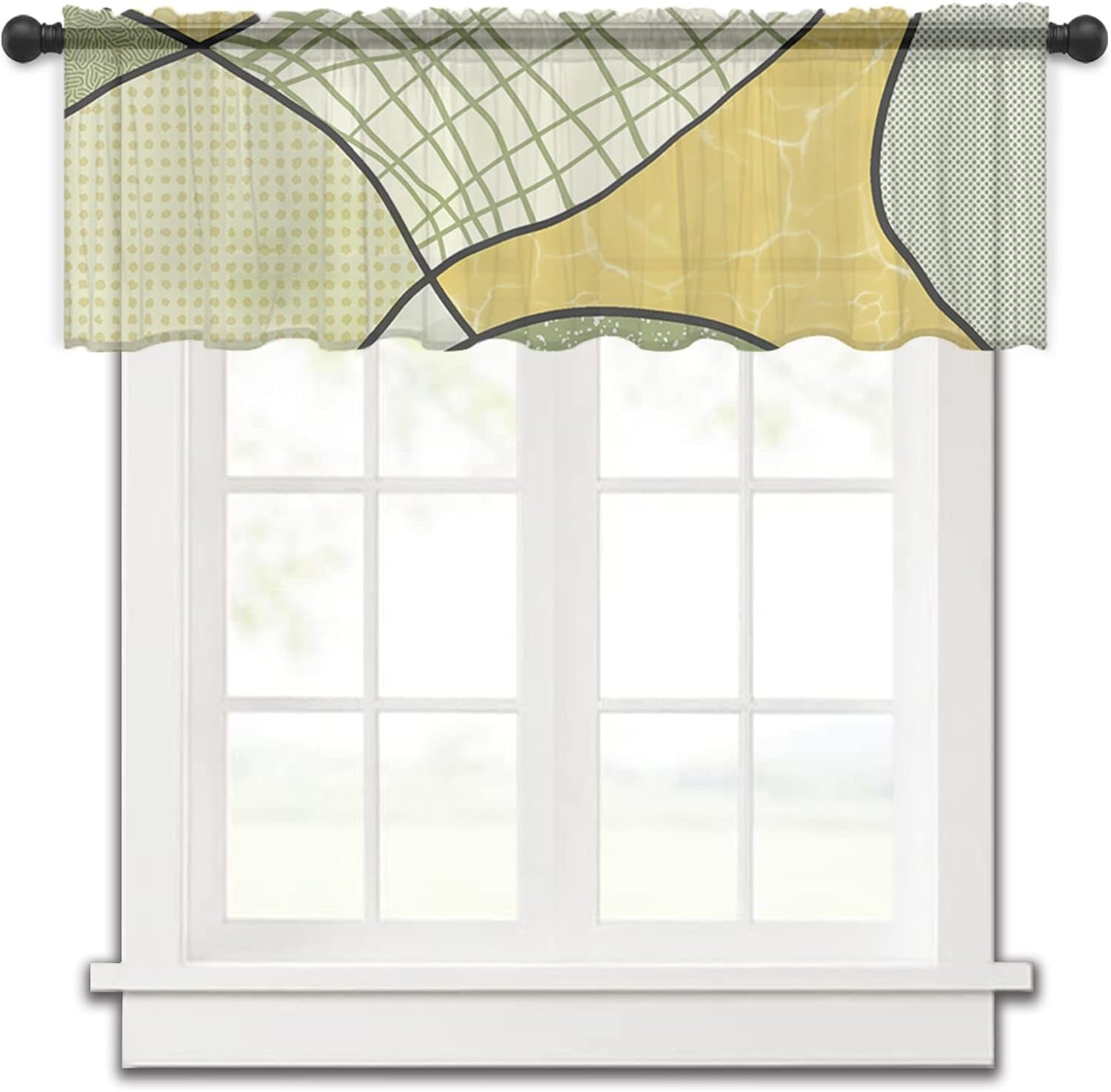 Modern Geometric Valance Curtains for Kitchen/Living Room/Bathroom/Bedroom,Abstract Minimalistic Green Yellow Boho Color Rod Pocket Small Topper Half Short Window Curtains Voile Sheer Scarf,54"X18"