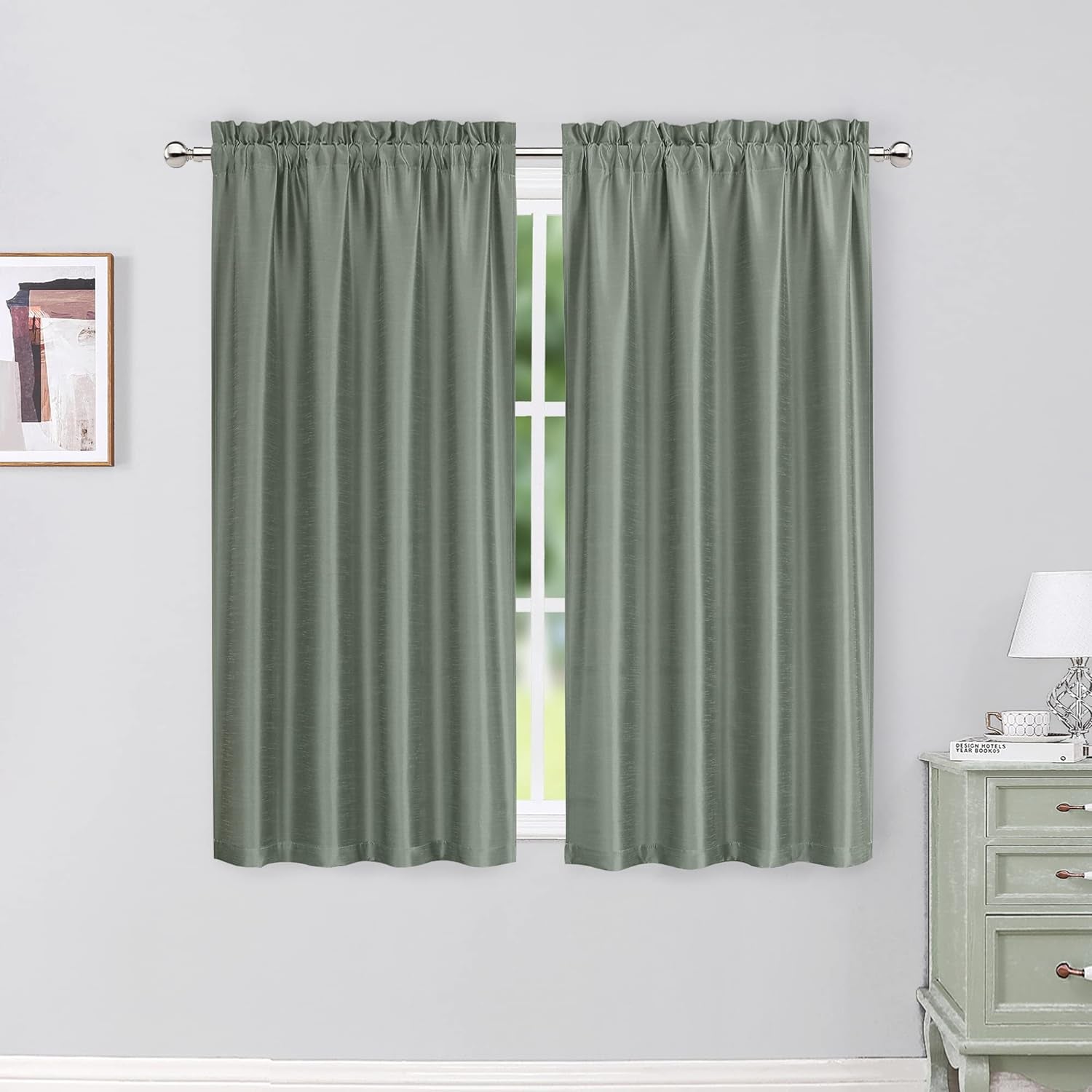 Chyhomenyc Uptown Sage Green Kitchen Curtains 45 Inch Length 2 Panels, Room Darkening Faux Silk Chic Fabric Short Window Curtains for Bedroom Living Room, Each 30Wx45L  Chyhomenyc Sage Green 2X30"Wx54"L 