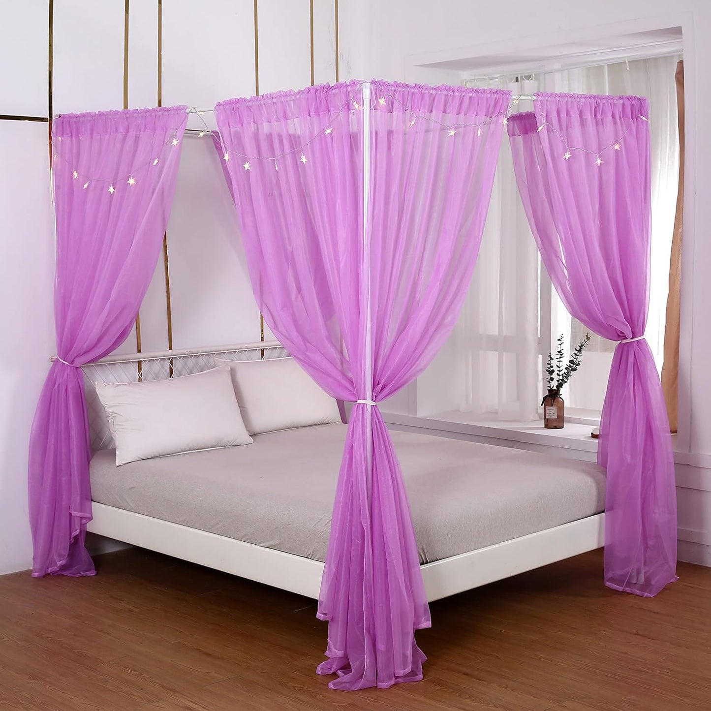 Akiky Princess Canopy Bed Curtains Bed Canopy Curtains with Lights for Queen Size Bed Drapes,8 Panels Canopies with 2 Lights,Room Décor (Full/Queen, White)  Akiky Purple Twin 