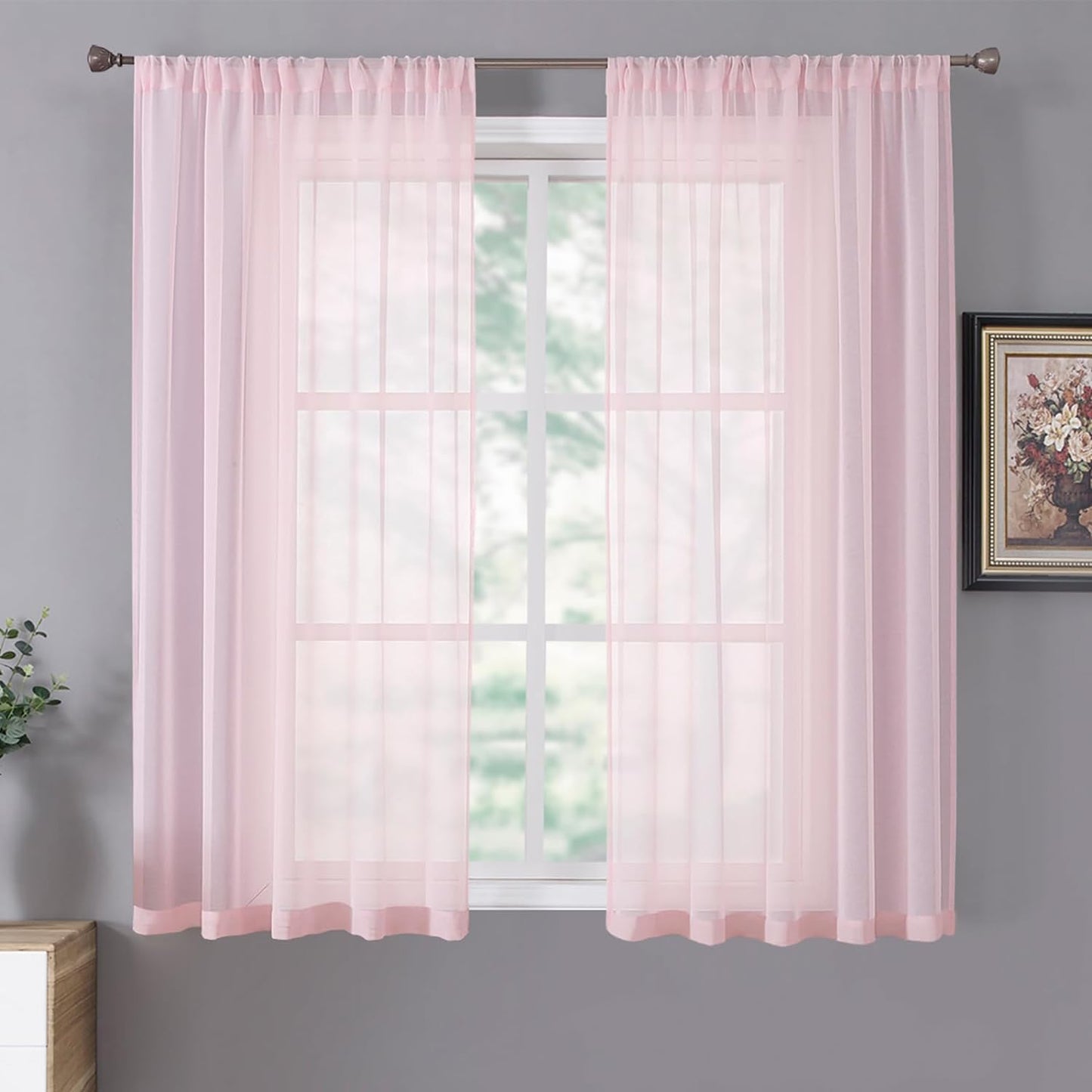 Tollpiz Short Sheer Curtains Linen Textured Bedroom Curtain Sheers Light Filtering Rod Pocket Voile Curtains for Living Room, 54 X 45 Inches Long, White, Set of 2 Panels  Tollpiz Tex Pink 42"W X 54"L 
