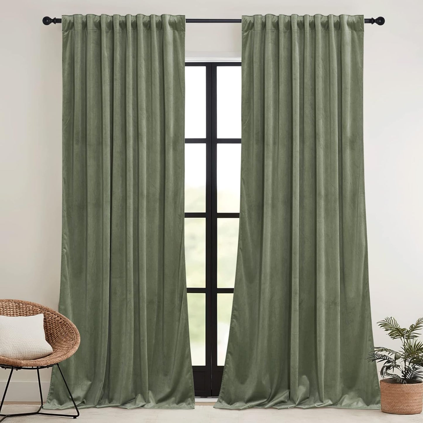 RYB HOME Sage Green Velvet Curtains 108 Inch, Room Darkening Super Soft Velvet Drapes for Living Room Thermal Insulated Pleat Tapes Window Treatment for Bedroom Playroom, W52 X L108 Inch, 2 Panels  RYB HOME   
