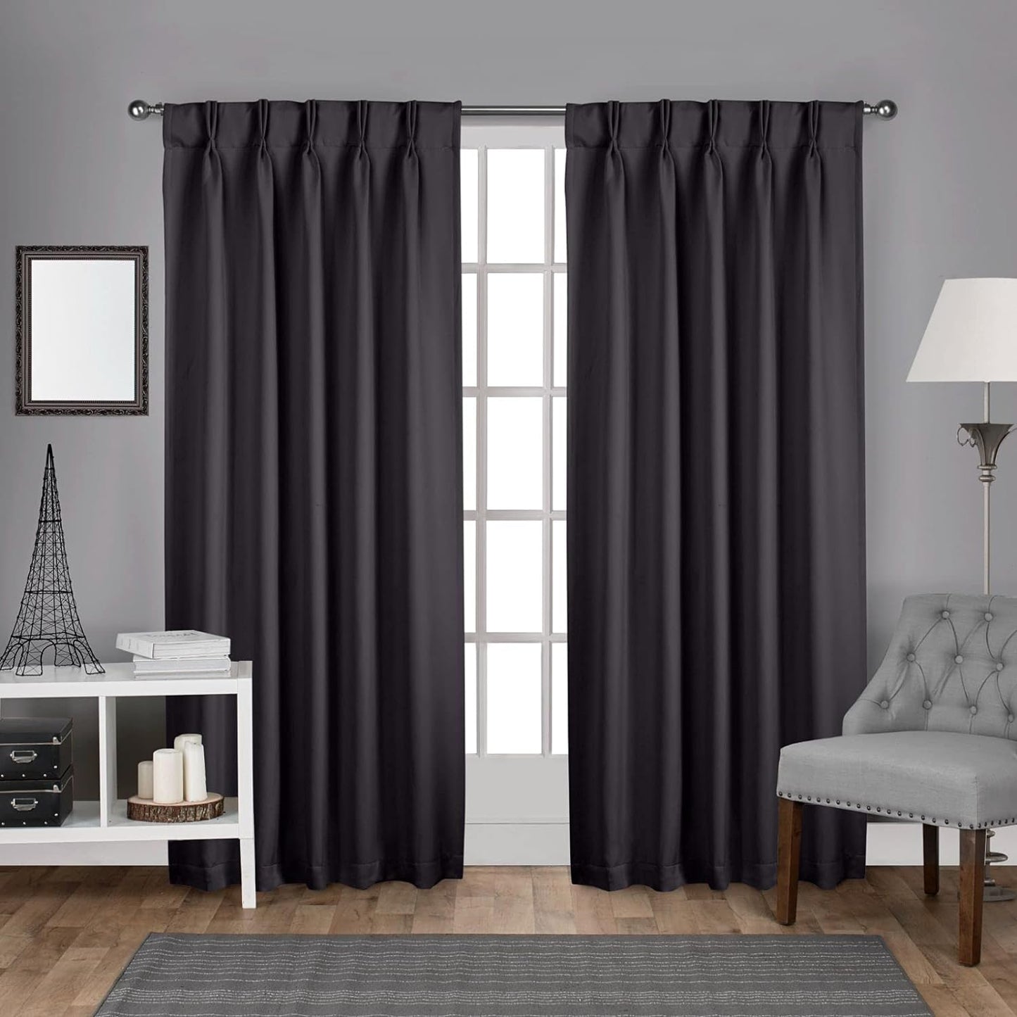 Exclusive Home Sateen Twill Woven Room Darkening Blackout Pinch Pleat/Hidden Tab Top Curtain Panel Pair, 63" Length, Charcoal  Exclusive Home Curtains Charcoal 84" Length 