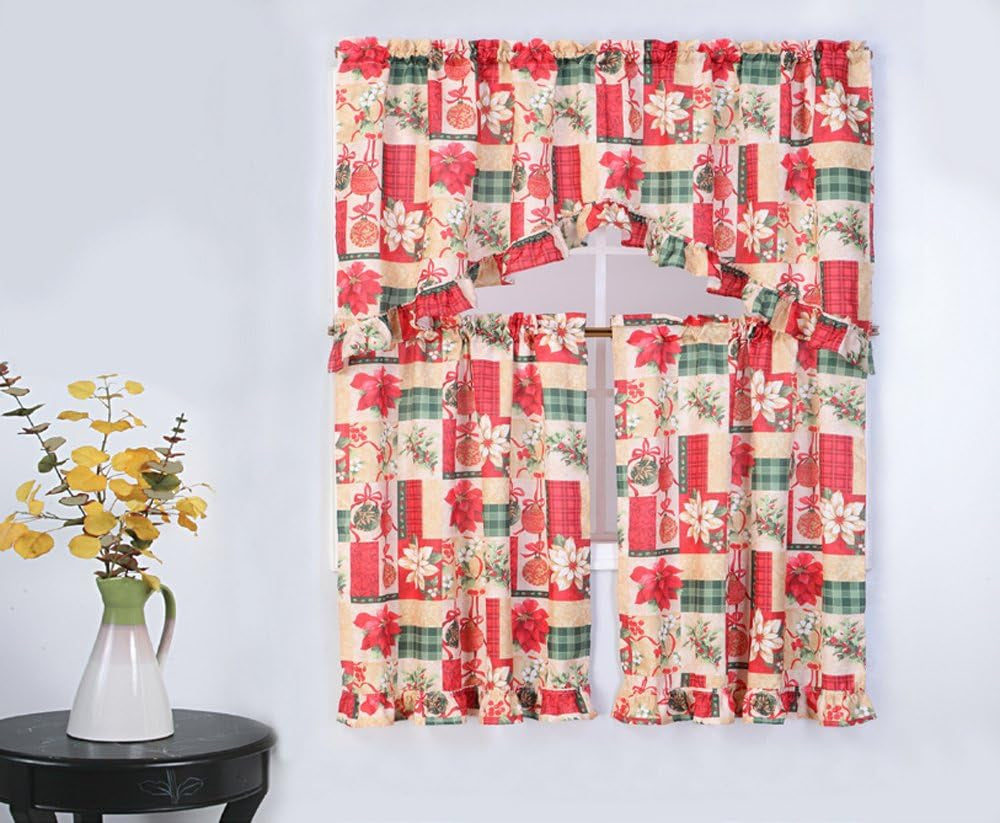 3 Piece Christmas Decorative Kitchen Curtain Set, Ruffled Swag Valance & Tiers (Christmas Gift)