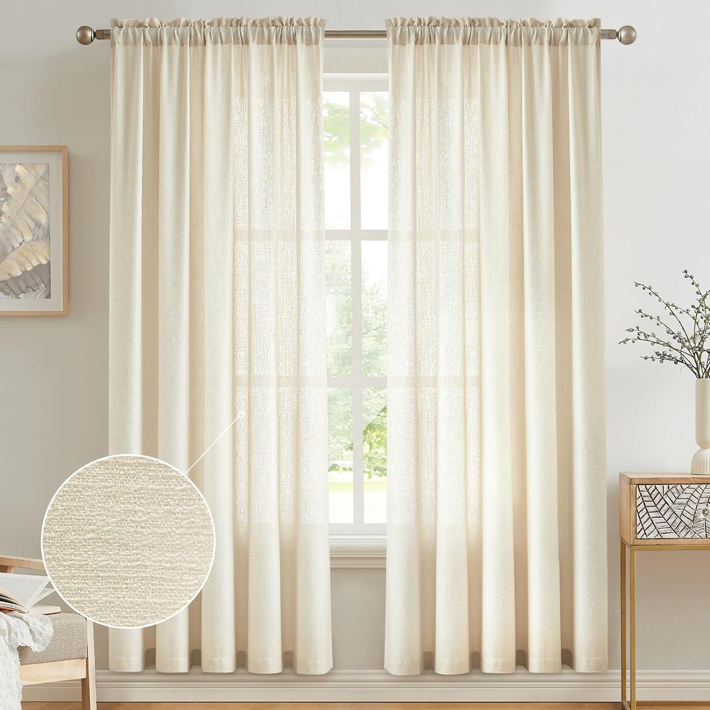 Anpark White Semi Sheer Curtains Linen Rod Pocket Curtains Tiebacks Included Semi Sheers, Privacy & Serenity for Bedroom, Soft Light for Relaxation - 52" W X 84" L, 2 Panels  Anpark Beige 52X84 Inch 