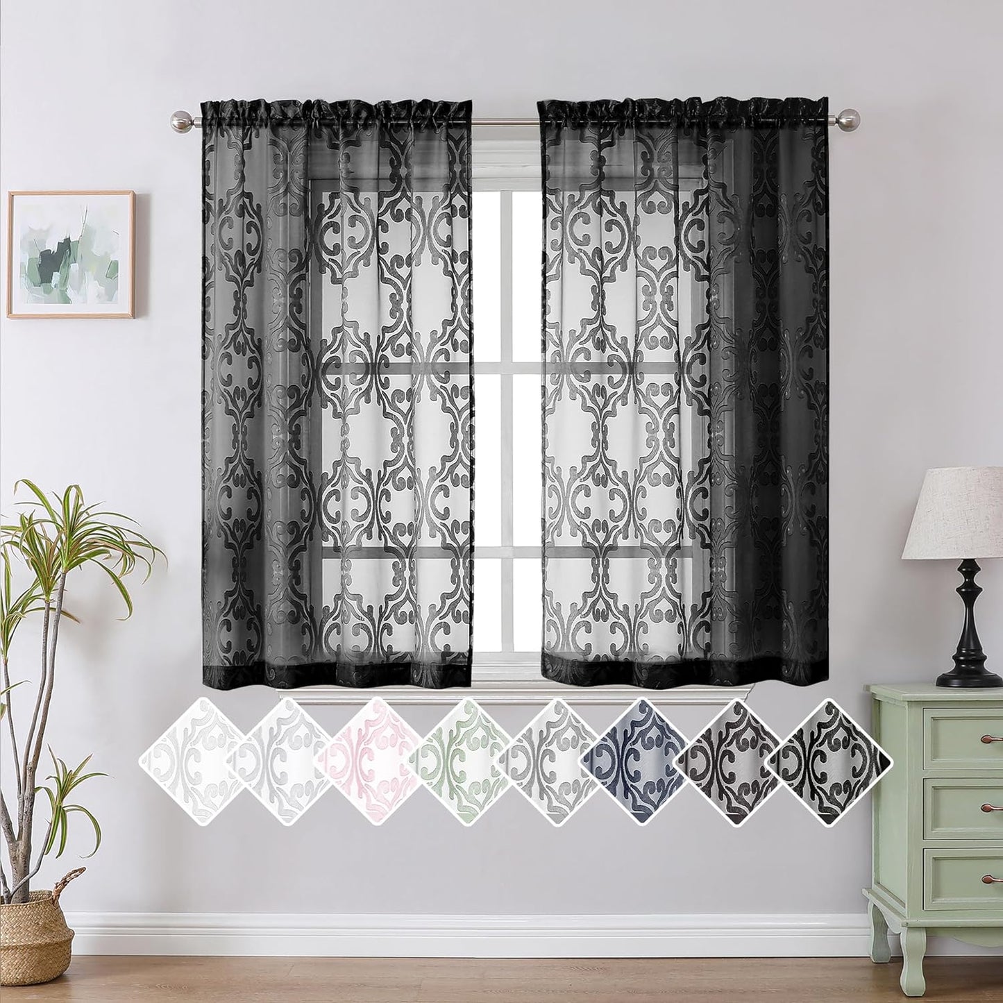 Aiyufeng Suri 2 Panels Sheer Sage Green Curtains 63 Inches Long, Light & Airy Privacy Textured Sheer Drapes, Dual Rod Pocket Voile Clipped Floral Luxury Panels for Bedroom Living Room, 42 X 63 Inch  Aiyufeng Black 2X42X45" 
