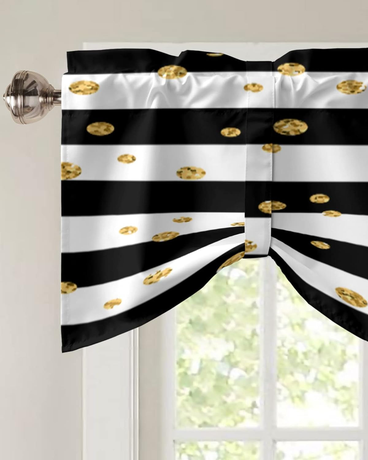 Christmas Tie up Valance Curtains for Kitchen Windows, White and Black Stripe Polka Dot Valance Rod Pocket Window Treatment Valances for Living Room Bathroom Bedroom, 54X18 Inches