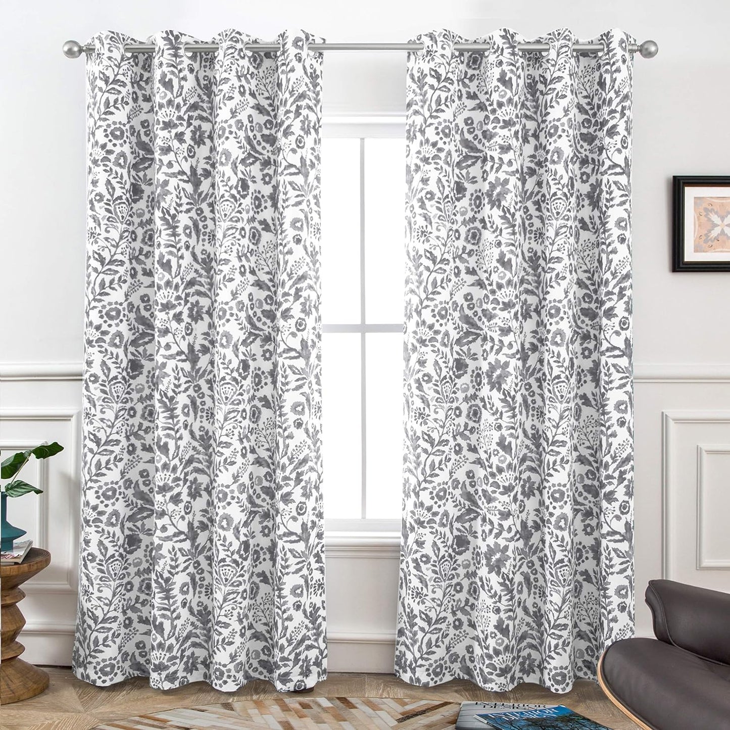 Driftaway Julia Watercolor Blackout Room Darkening Grommet Lined Thermal Insulated Energy Saving Window Curtains 2 Layers 2 Panels Each Size 52 Inch by 84 Inch Navy  DriftAway Grey 52'' X 84'' 