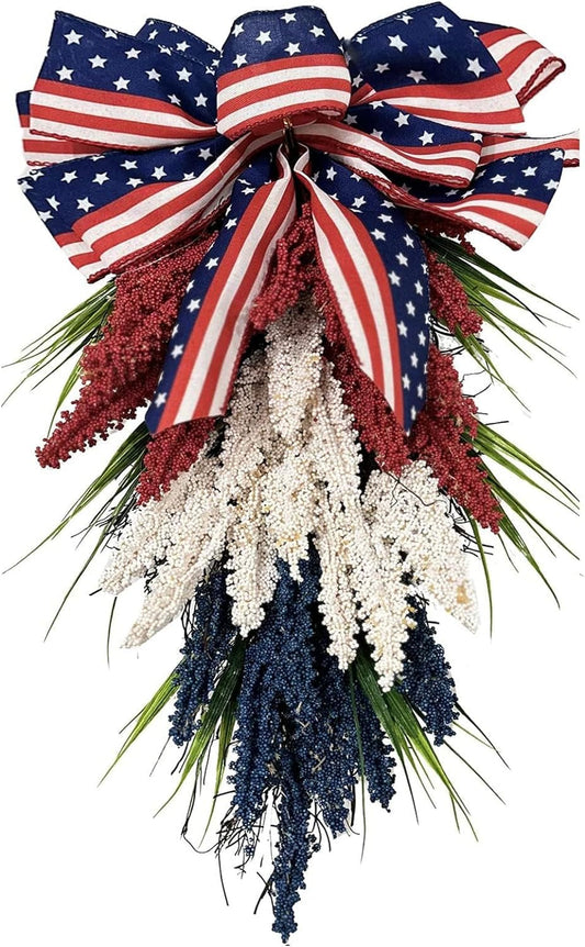 Patriotic Wreaths for Front Door Red White and Blue Wreath 4Th of July Wreath American Flag Wreath Summer Swag Memorial Day Wreath Independence Day Wreath for Indoor Outdoor Home Party Decor (A)