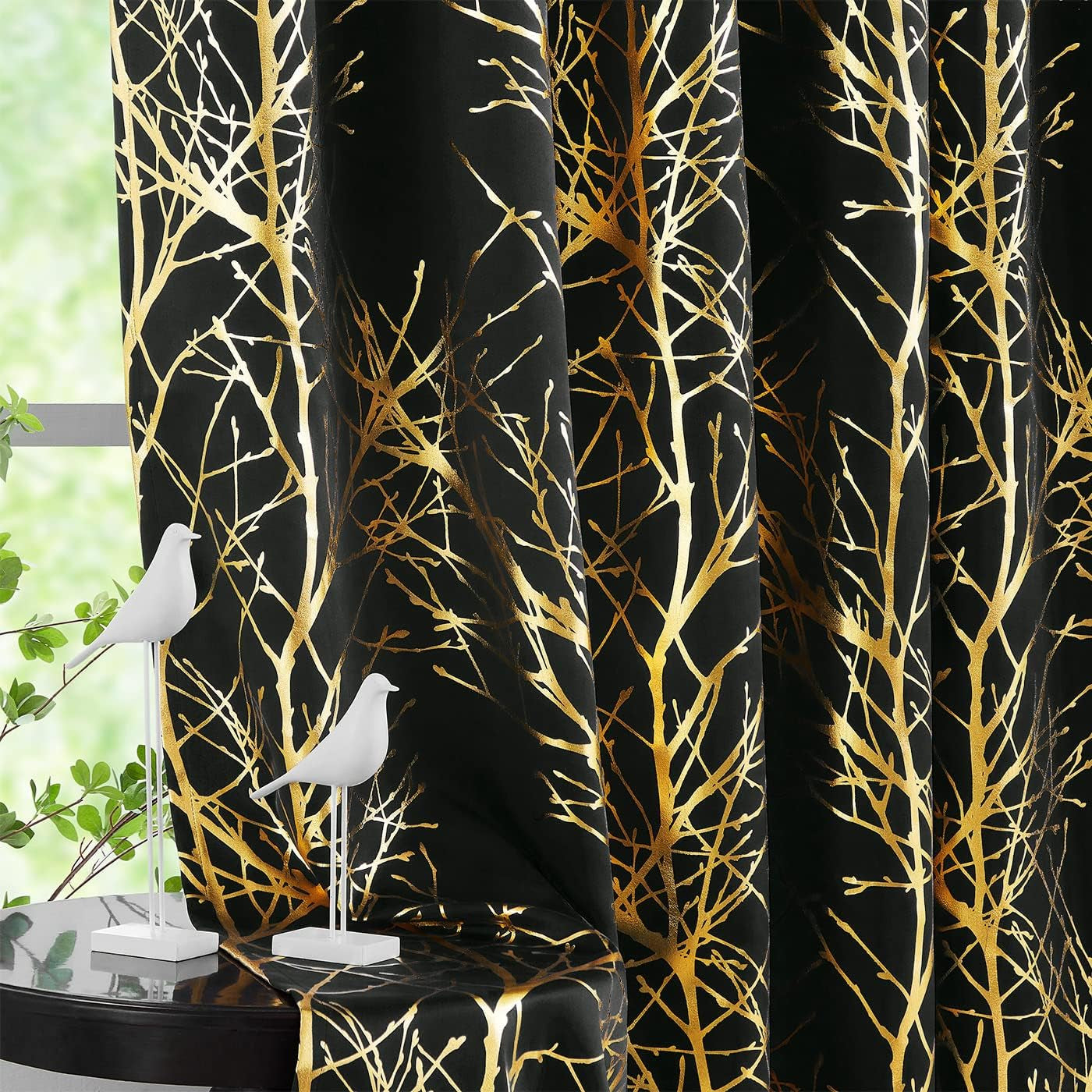 FMFUNCTEX Metallic Tree Blackout Curtains Bedroom Grey 84-Inch Living-Room Branch Print Curtain Panels Forest Triple Weave Thermal Insulated Drapes for Windows Dorm Hotel Grommet Top, 2Panels  Fmfunctex Gold /Black 50"W X 63"L 2Pcs 