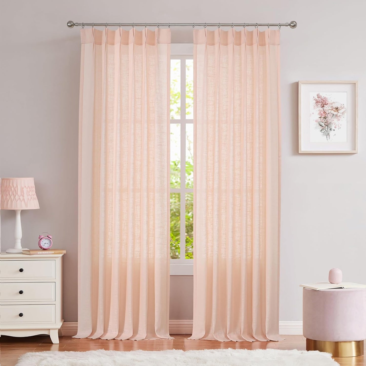 White Pinch Pleated Curtain Semi Sheer Curtain Panel Linen Cotton Blend Decorative Drape 84 Inches Long for Living Room Bedroom Farmhouse Rustic Window Treatment, White, 34"X84"X2  Central Park Coral Pink 34"X84"X2 