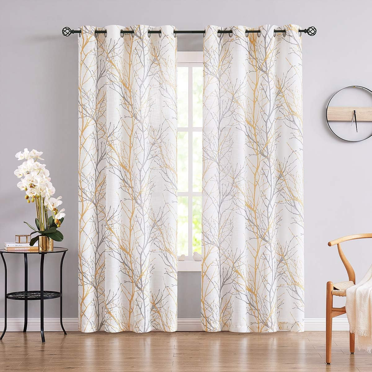 FMFUNCTEX Blue White Curtains for Kitchen Living Room 72“ Grey Tree Branches Print Curtain Set for Small Windows Linen Textured Semi-Sheer Drapes for Bedroom Grommet Top, 2 Panels  Fmfunctex Yellow 50" X 120" |2Pcs 