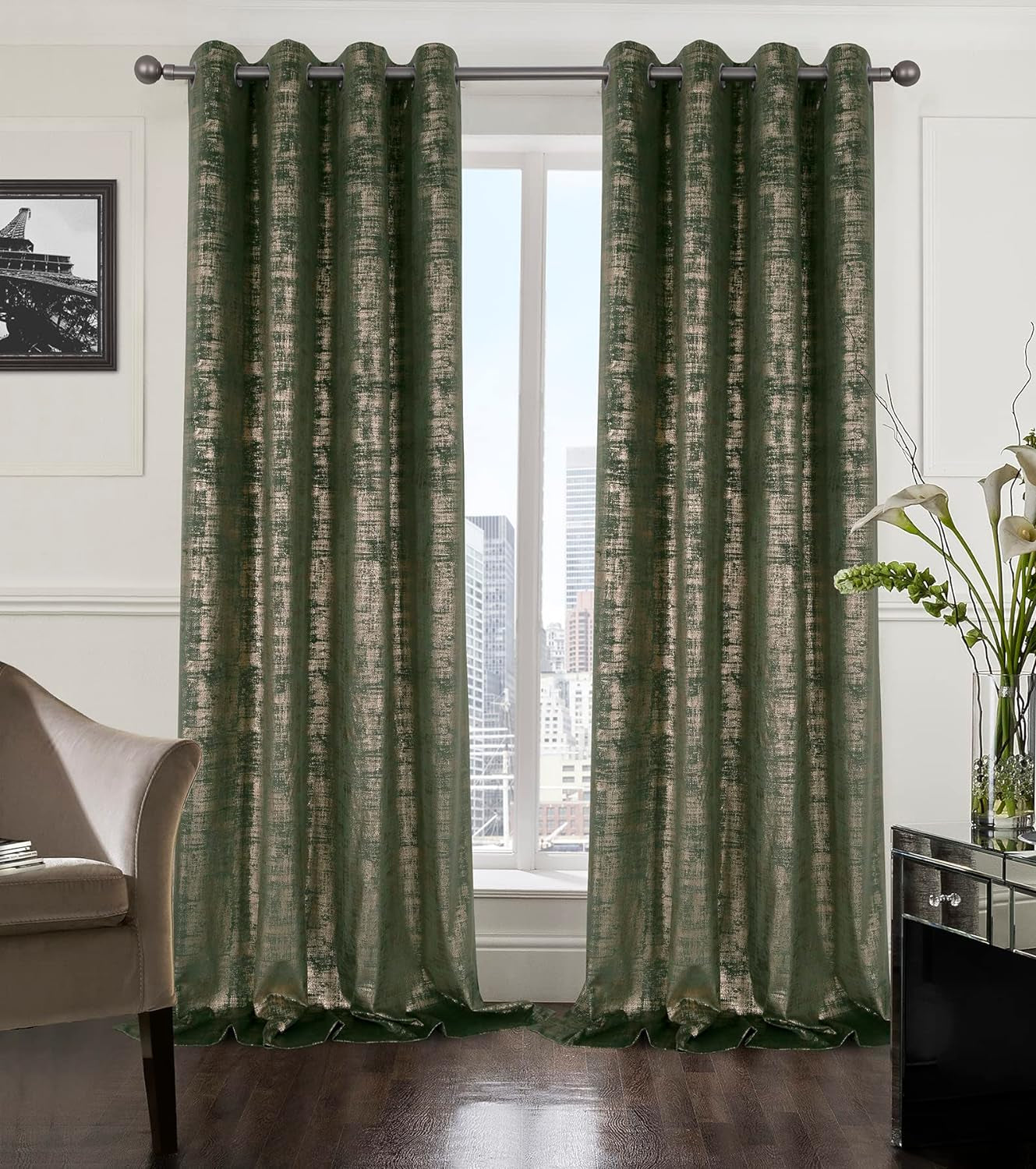 Always4U Soft Velvet Curtains 95 Inch Length Luxury Bedroom Curtains Gold Foil Print Window Curtains for Living Room 1 Panel White  always4u Sage Green (Gold Print) 2 Panels: 52''W*120''L 