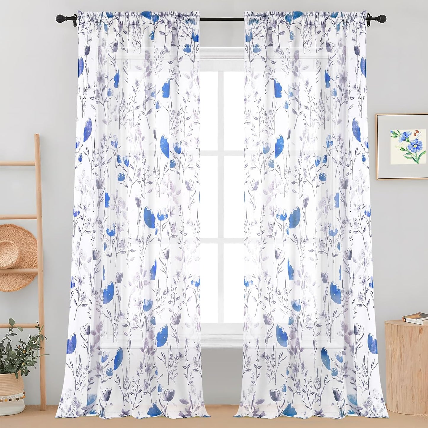 Likiyol Floral Kithchen Curtains 36 Inch Watercolor Flower Leaves Tier Curtains, Yellow and Gray Floral Cafe Curtains, Rod Pocket Small Window Curtain for Cafe Bathroom Bedroom Drapes  Likiyol Blue Sheer 84"L X 52"W 