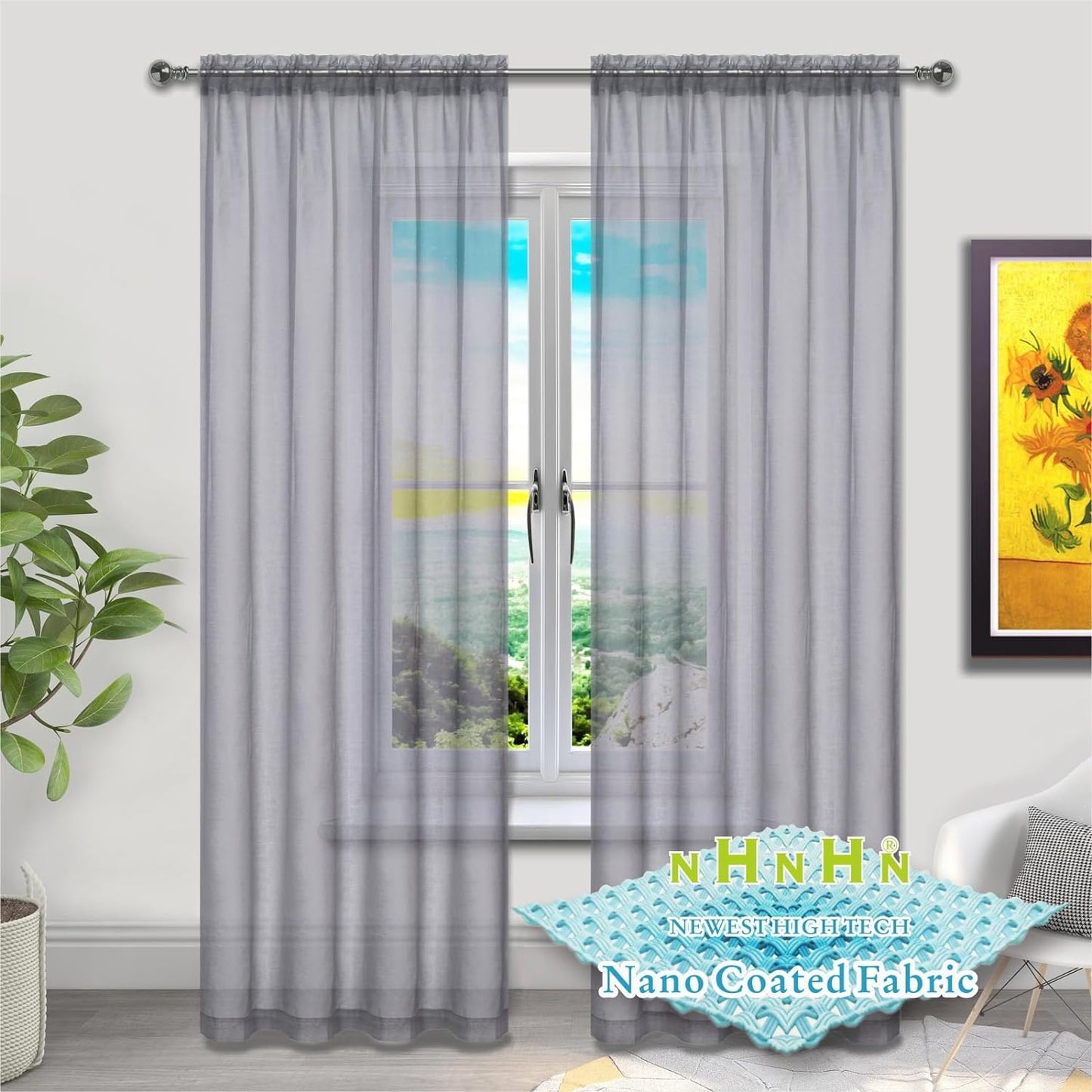 NHNHN Nano Material Coated White Sheer Curtains 84 Inches Long, Rod Pocket Window Drapes Voile Sheer Curtain 2 Panels for Living Room Bedroom Kitchen (White, W52 X L84)  NHNHN Grey 52W X 72L | 2 Panels 