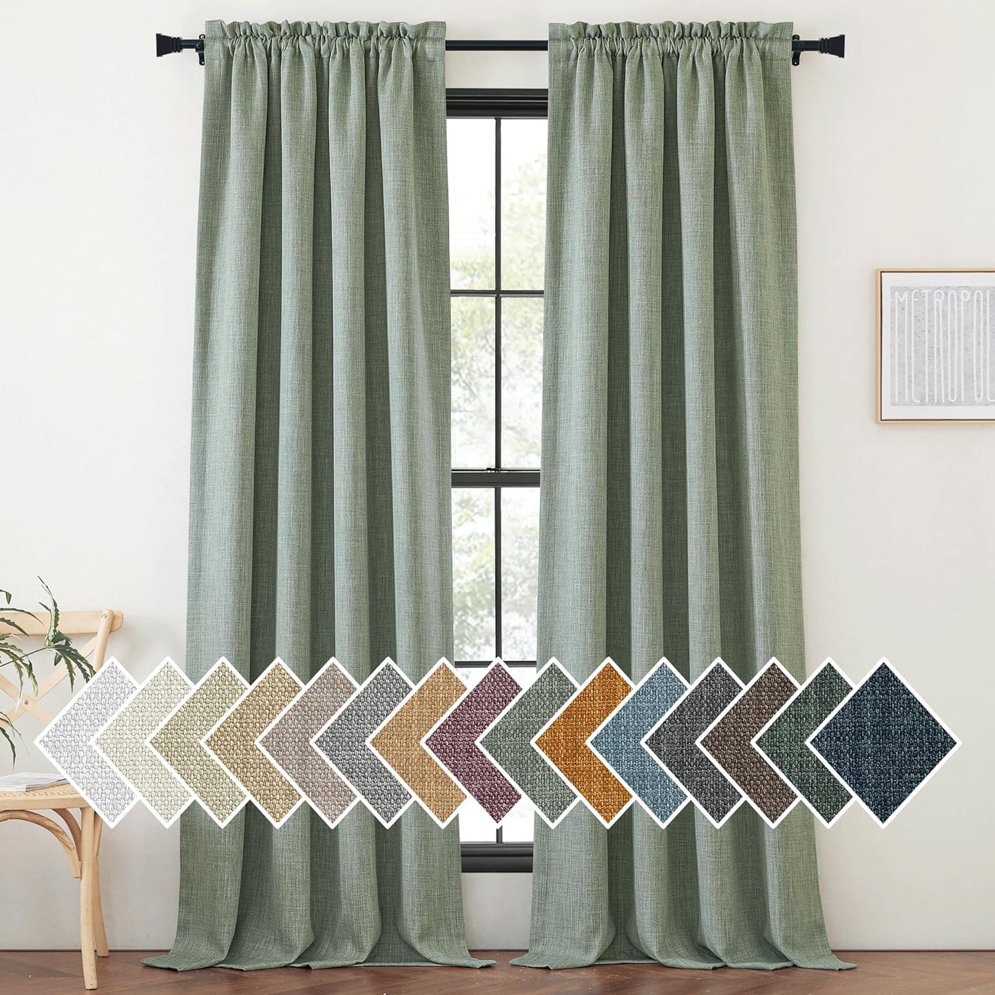 NICETOWN Faux Linen Room Darkening Curtains & Drapes for Living Room, Dual Rod Pockets & Hook Belt Heat/Light Blocking Window Treatments Thermal Drapes for Bedroom, Angora, W52 X L84, 2 Panels  NICETOWN Sage Green W52 X L84 