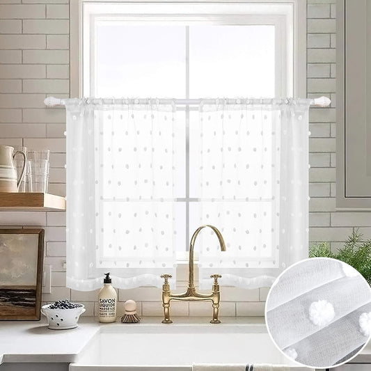Country Kitchen Curtains 24 Inch Length for Small Windows Set 2 Pack Farmhouse Pocket Little Pom Textured Design Half Cafe Tier Valances Sheer Transparent White Short Lace Curtains for Bathroom Camper