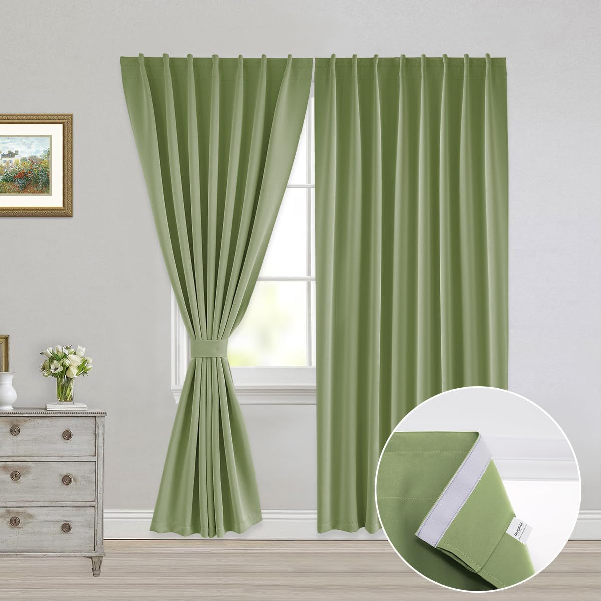 Muamar 2Pcs Blackout Curtains Privacy Curtains 63 Inch Length Window Curtains,Easy Install Thermal Insulated Window Shades,Stick Curtains No Rods, Black 42" W X 63" L  Muamar Sage Green 52"W X 84"L 