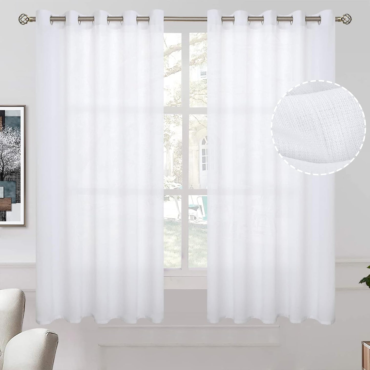 Bgment Natural Linen Look Semi Sheer Curtains for Bedroom, 52 X 54 Inch White Grommet Light Filtering Casual Textured Privacy Curtains for Bay Window, 2 Panels  BGment White 60Wx63L 