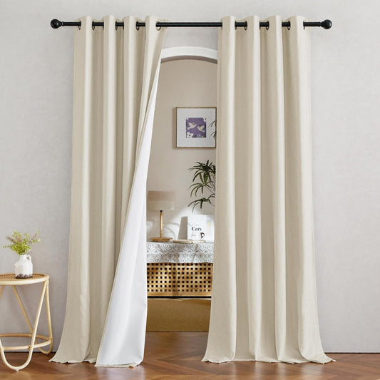 NICETOWN Thick Linen 100% Blackout Curtains for Living Room, Bronze Grommet 2 Layers Window Treatment with White Liner Thermal Curtains Sound Blocking for Bedroom, Natural, W52 X L96, 2 Panels  NICETOWN Linen W52 X L96 