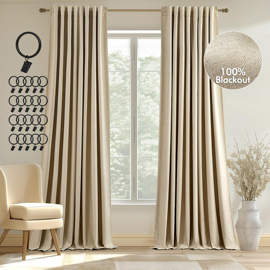 MIULEE 100% Blackout Curtains 90 Inches Long, Linen Curtains & Drapes for Bedroom Back Tab Black Out Window Treatments Thermal Insulated Room Darkening Rod Pocket, Oatmeal, 2 Panels  MIULEE Oatmeal 52"W*90"L 