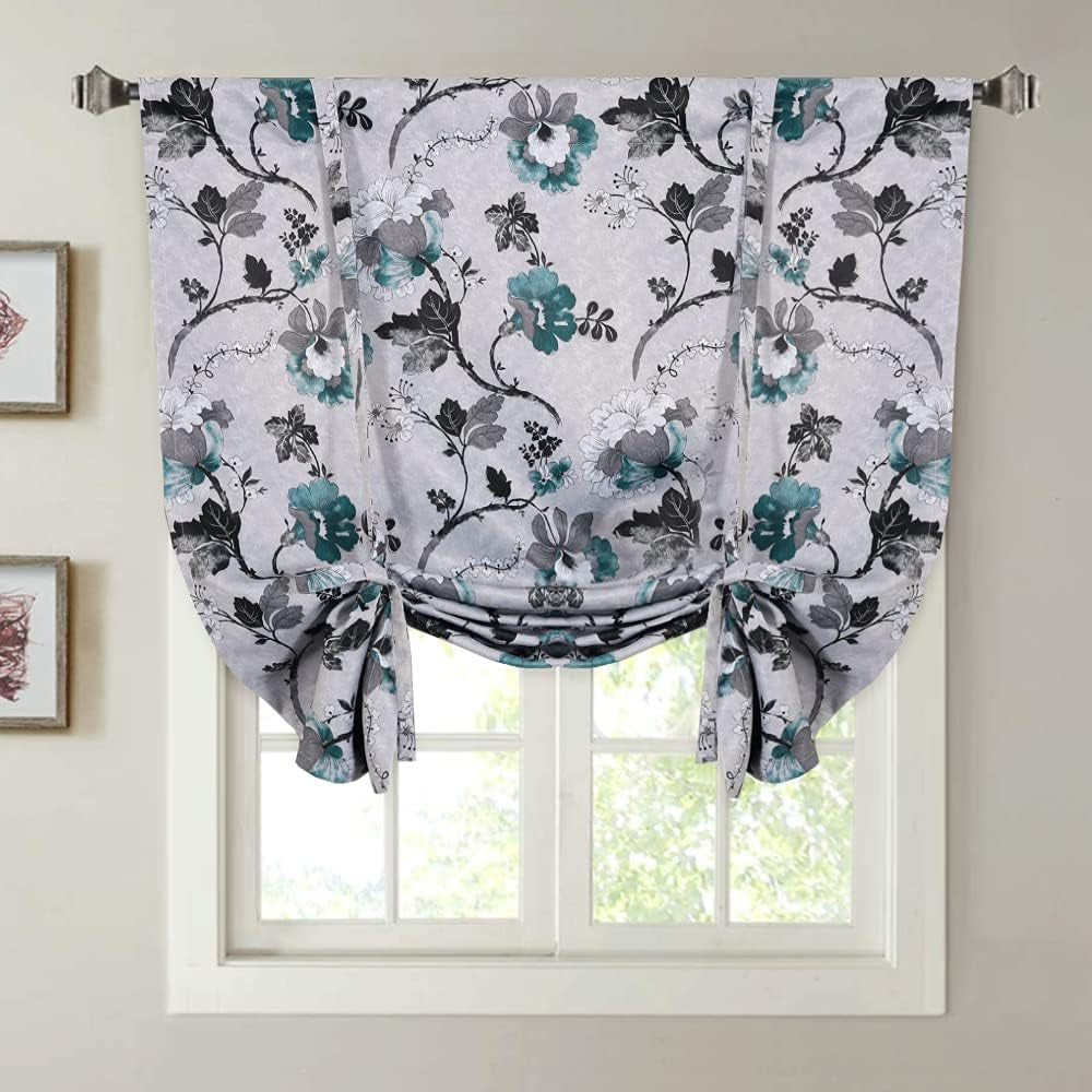H.VERSAILTEX Thermal Insulated Blackout Curtain Adjustable Tie up Shade Rod Pocket Panel for Small Window-42 Wide by 63" Long-Vintage Floral Pattern in Sage and Brown  H.VERSAILTEX Floral In Grey And Teal  