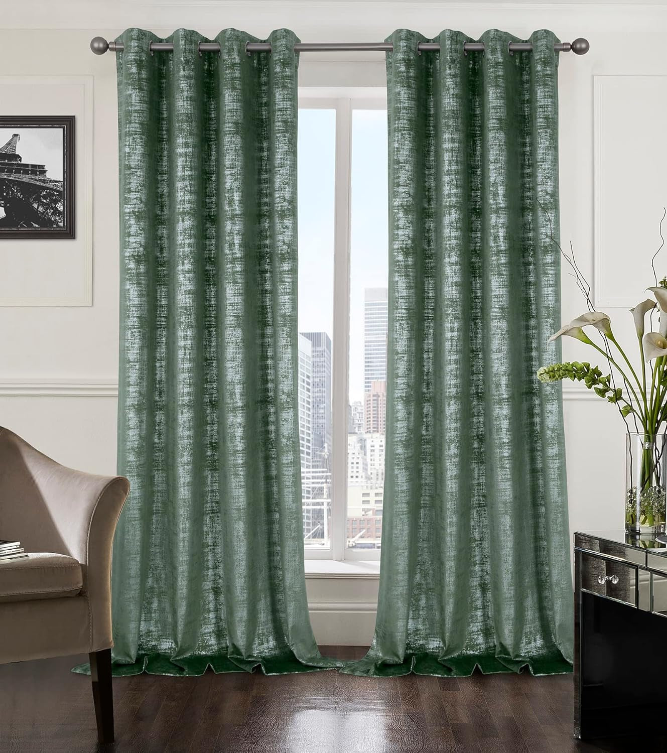 Always4U Soft Velvet Curtains 95 Inch Length Luxury Bedroom Curtains Gold Foil Print Window Curtains for Living Room 1 Panel White  always4u Sage Green (Silver Print) 2 Panels: 52''W*120''L 