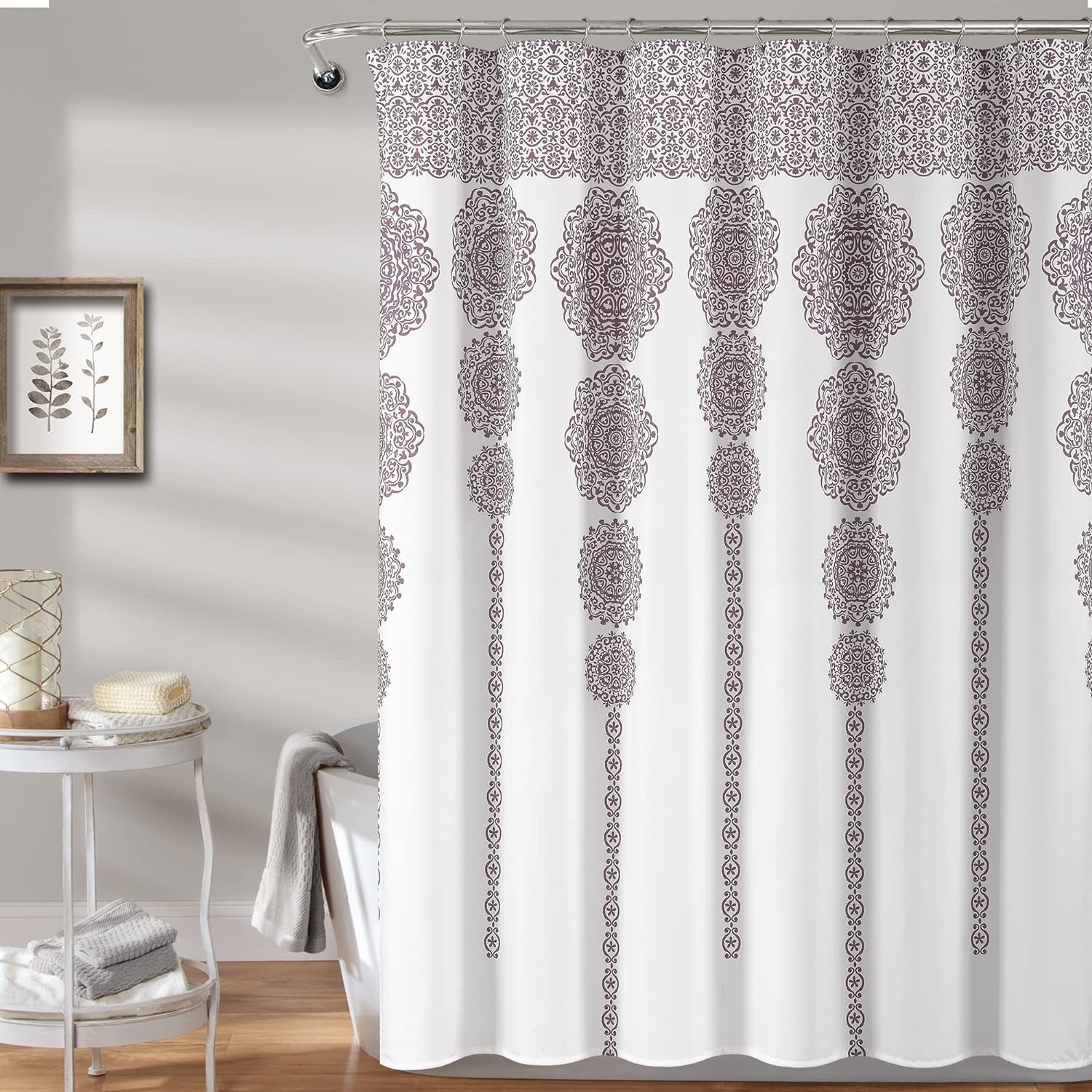 Lush Decor Stripe Medallion Shower Curtain-Fabric Mandala Bohemian Damask Print Design, 72" X 72", Navy