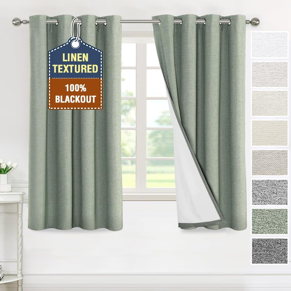 H.VERSAILTEX Linen Curtains Grommeted Total Blackout Window Draperies with Linen Feel, Thermal Liner for Energy Saving 100% Blackout Curtains for Bedroom 2 Panel Sets, 52X96 Inch, Ultimate Gray  H.VERSAILTEX Sea Foam 52"W X 63"L 