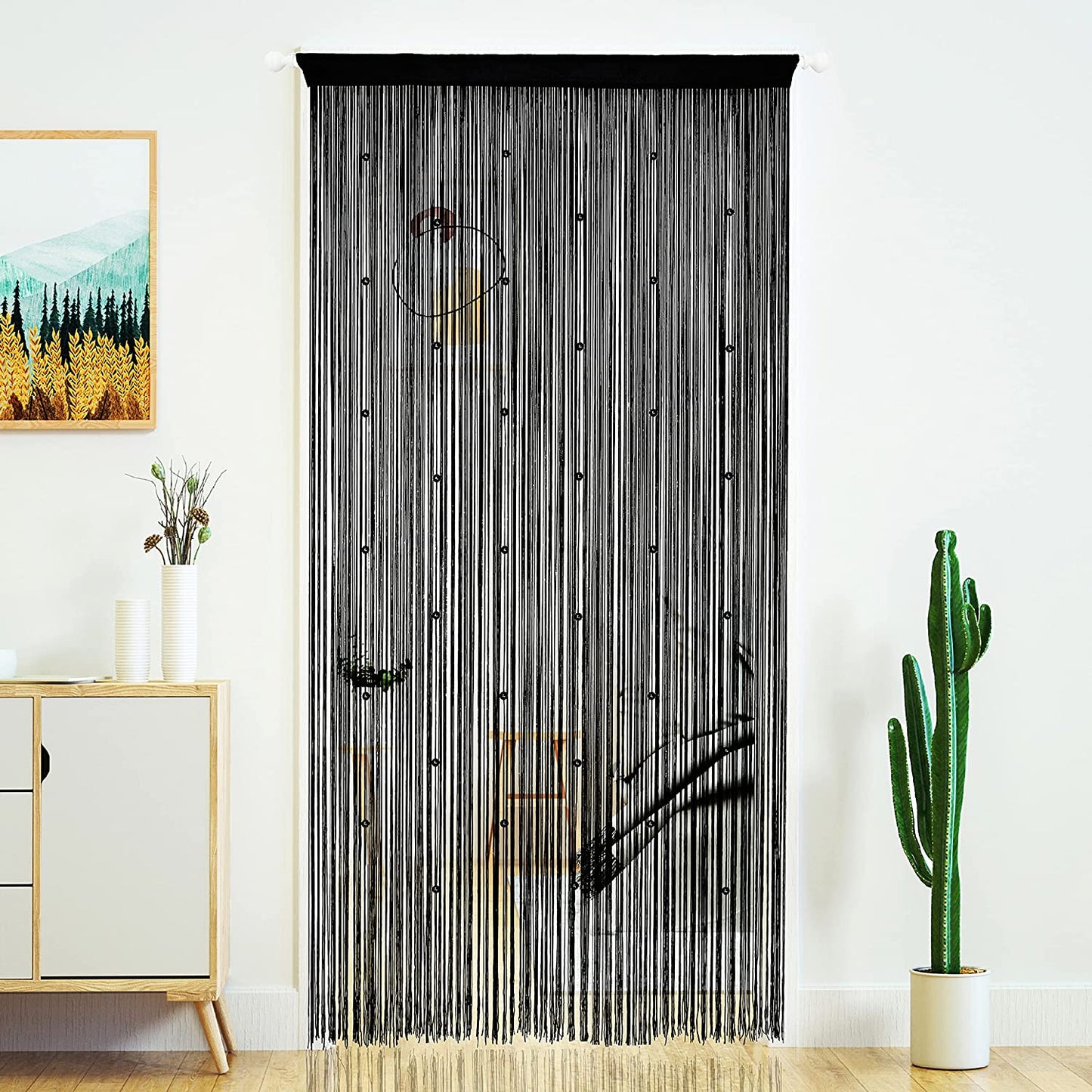 Yaoyue Beaded Curtain Door String Curtains for Doorway Tassels Beads Hanging Fringe Hippie Room Divider Window Hallway Entrance Wall Closet Bedroom Privacy Decor (39×79In/100×200Cm, Light Coffee)  YaoYue Black 100×200Cm 