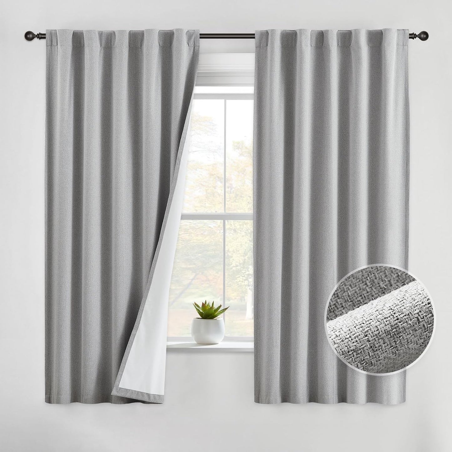Beauoop 100% Blackout Curtain Panels Farmhouse Linen Textured Room Darkening Light Blocking Thermal Insulated Drapes for Bedroom/Living Room Back Tab Rod Pocket Window Treatment,40X63,White  Beauoop   
