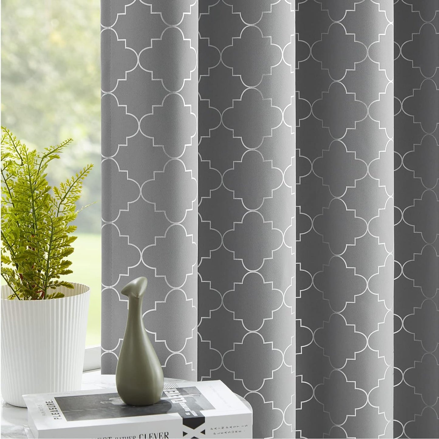 Enactex 100% Full Blackout Curtains 63 Inch Length Thermal Insulated Grey Curtain with Gold Geometric Metallic Pattern, Light Blocking Grommet Window Drapes for Living Room Bedroom, 2 Panels  Enactex Grey/Silver W52" X L84" X2 