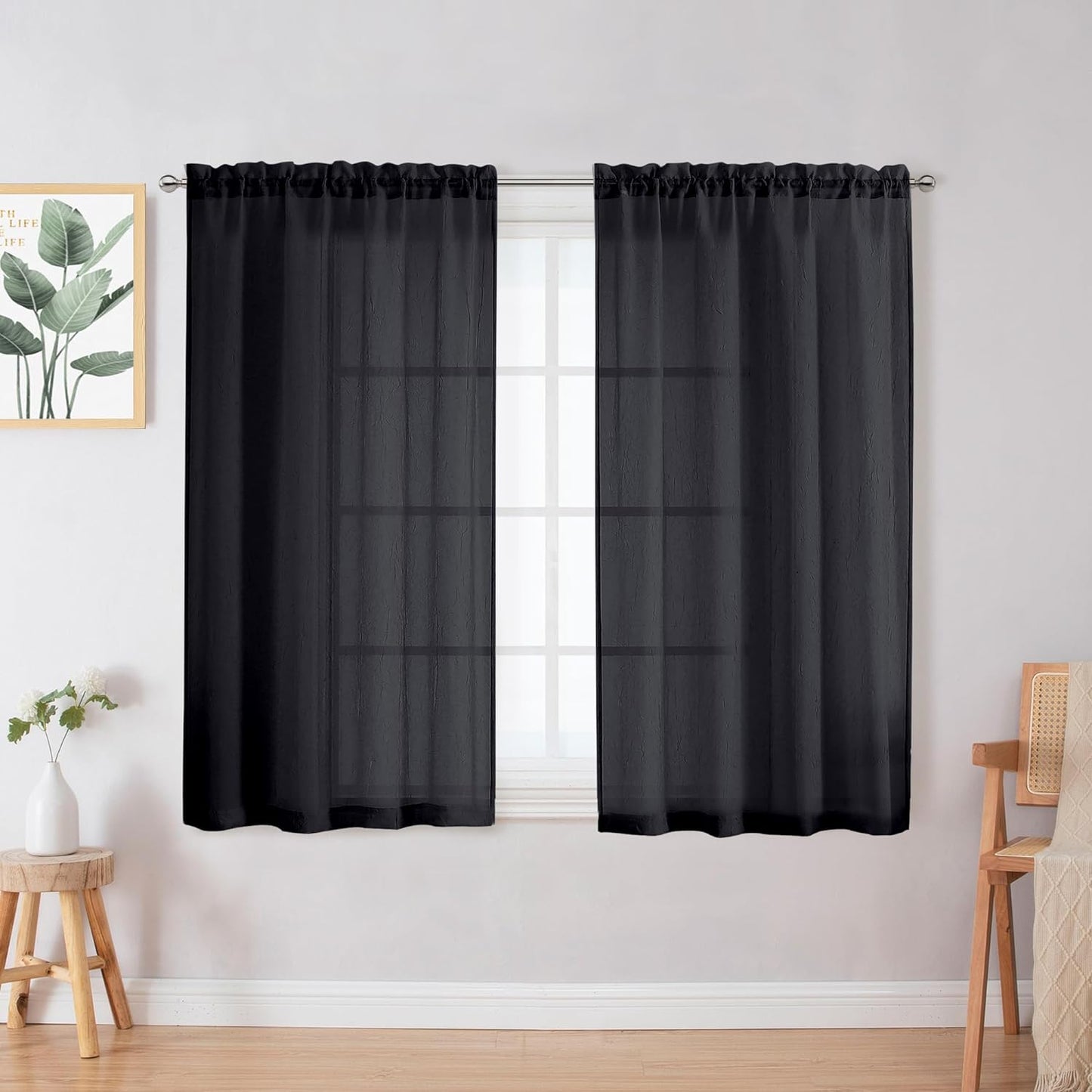 Chyhomenyc Crushed White Sheer Valances for Window 14 Inch Length 2 PCS, Crinkle Voile Short Kitchen Curtains with Dual Rod Pockets，Gauzy Bedroom Curtain Valance，Each 42Wx14L Inches  Chyhomenyc Black 28 W X 45 L 