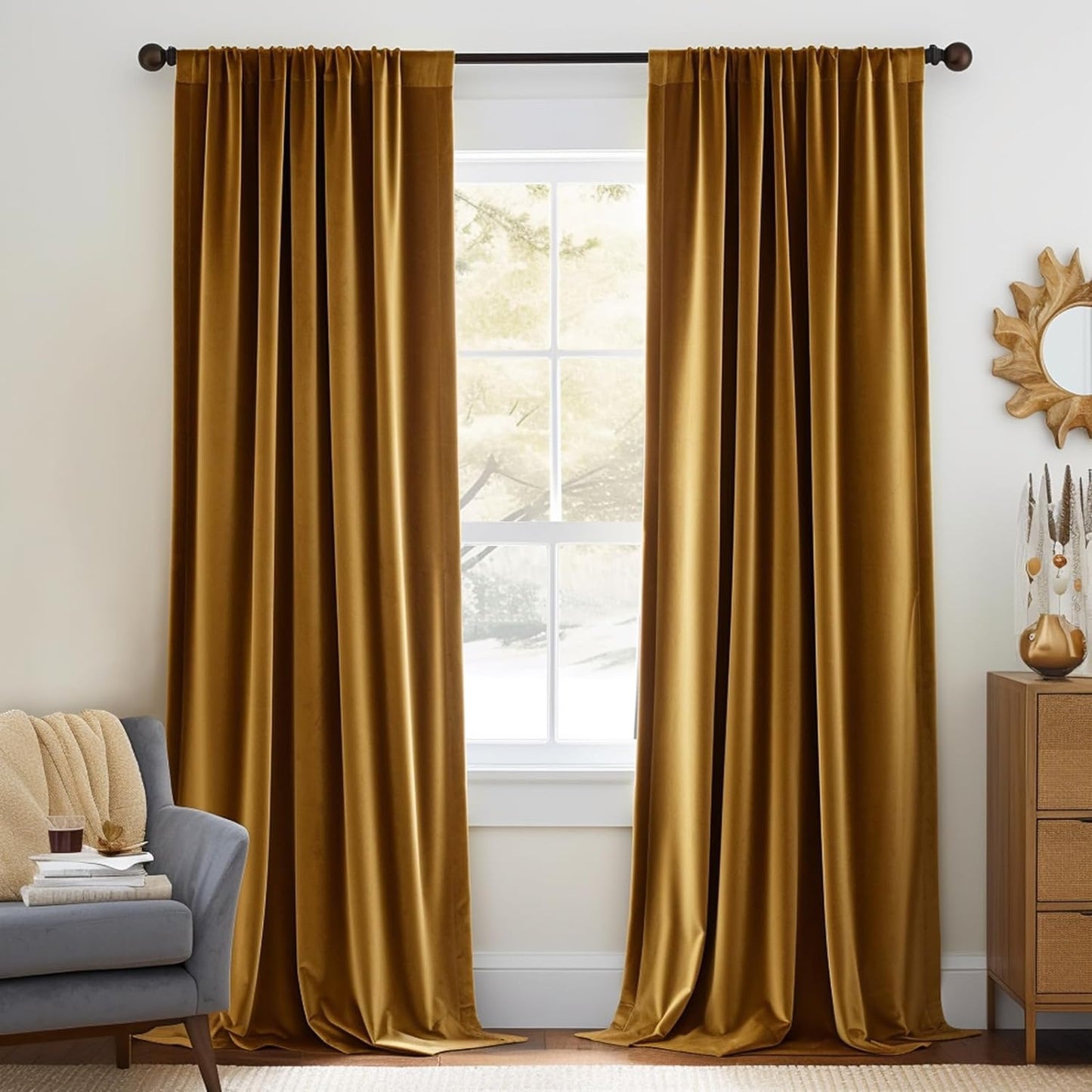 Jinchan Velvet Blackout Curtain for Living Room, Thermal Insulated Luxury Drape for Bedroom 96 Inch Long, Stylish Soft Privacy Room Darkening Window Treatment Rod Pocket 1 Panel, Emerald Green  CKNY HOME FASHION Rod Pocket | Gold Brown W52 X L120 